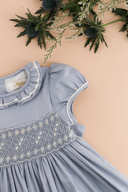 Kidiwi France Girls Arctic Blue Smocked Hars Dress - Fancy Sash by Kidiwi