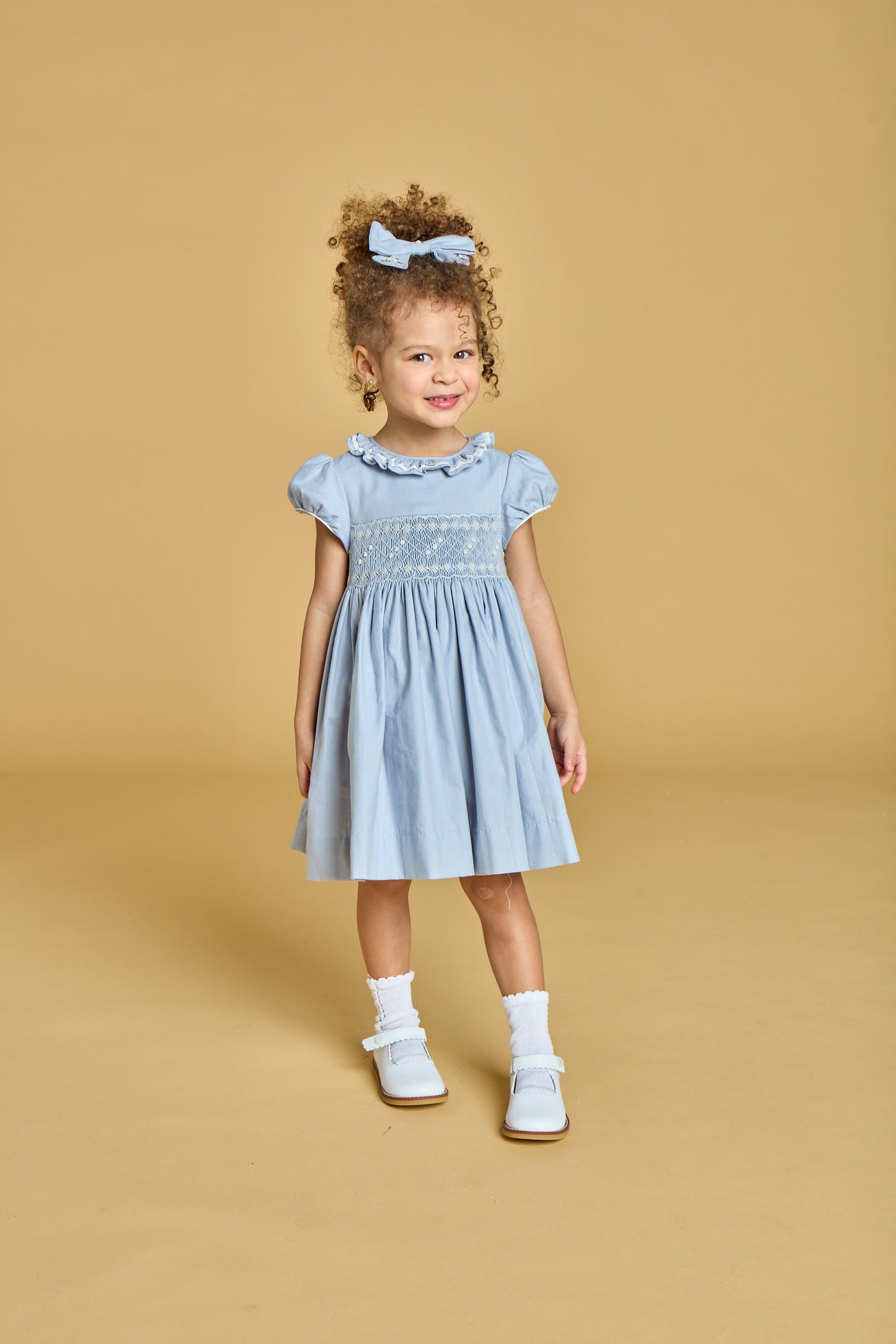 Kidiwi France Girls Arctic Blue Smocked Hars Dress - Fancy Sash by Kidiwi