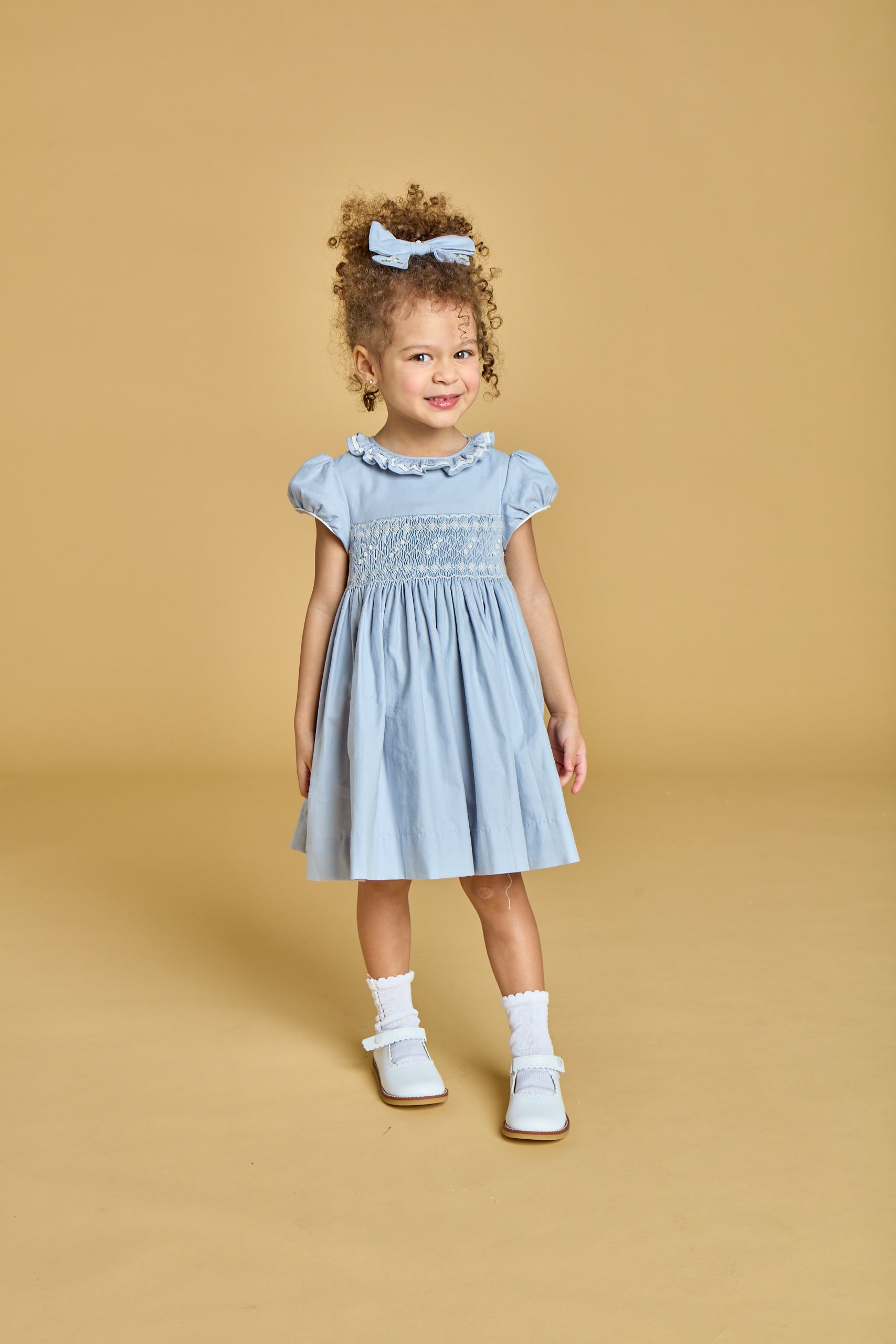Kidiwi France Girls Arctic Blue Smocked Hars Dress - Fancy Sash