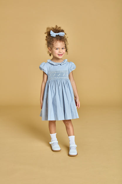 Kidiwi France Girls Arctic Blue Smocked Hars Dress - Fancy Sash by Kidiwi