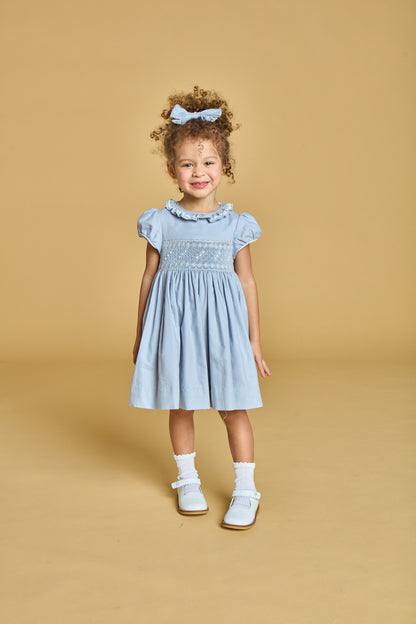 Kidiwi France Girls Arctic Blue Smocked Hars Dress - Fancy Sash by Kidiwi