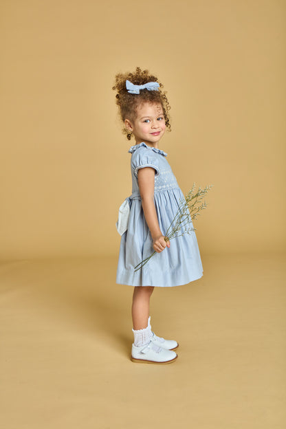 Kidiwi France Girls Arctic Blue Smocked Hars Dress - Fancy Sash by Kidiwi