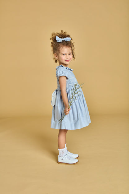 Kidiwi France Girls Arctic Blue Smocked Hars Dress - Fancy Sash by Kidiwi