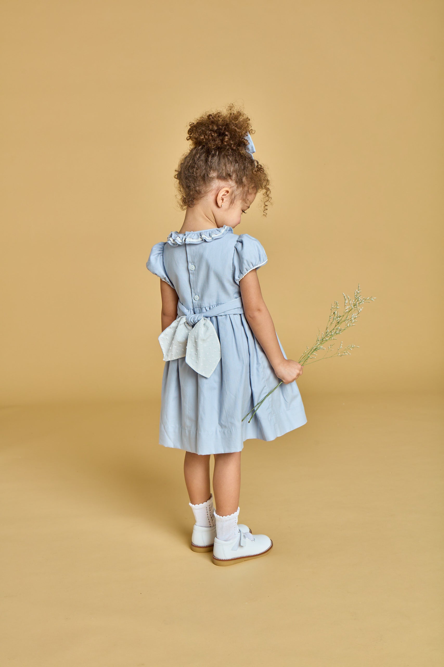 Kidiwi France Girls Arctic Blue Smocked Hars Dress - Fancy Sash