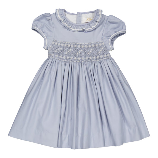 Kidiwi France Girls Arctic Blue Smocked Hars Dress - Fancy Sash by Kidiwi