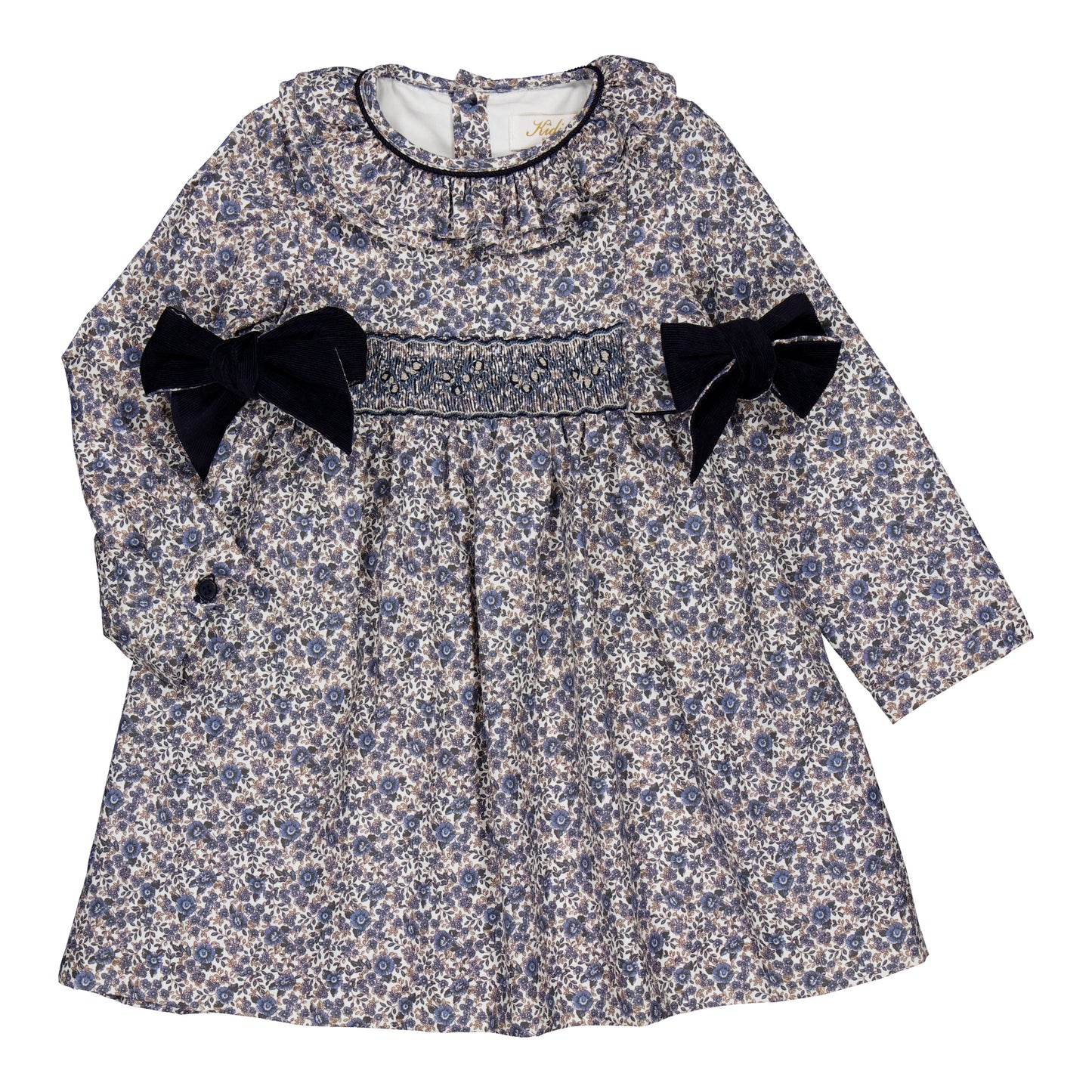 Kidiwi France Girls Navy Blue Floral Smocked Dress - Corduroy Side Bows by Kidiwi