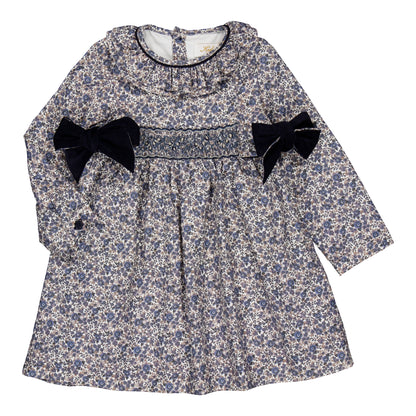 Kidiwi France Girls Navy Blue Floral Smocked Dress - Corduroy Side Bows by Kidiwi
