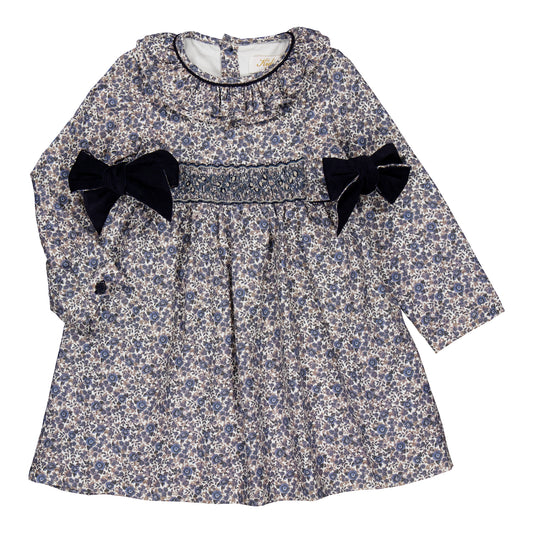 Kidiwi France Girls Navy Blue Floral Smocked Dress - Corduroy Side Bows by Kidiwi