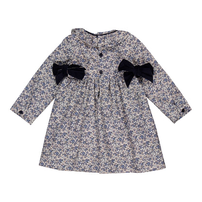 Kidiwi France Girls Navy Blue Floral Smocked Dress - Corduroy Side Bows by Kidiwi