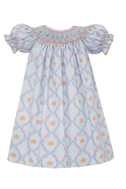 Anavini Girls Blue and Orange Pumpkins Print Smocked Bishop Dress