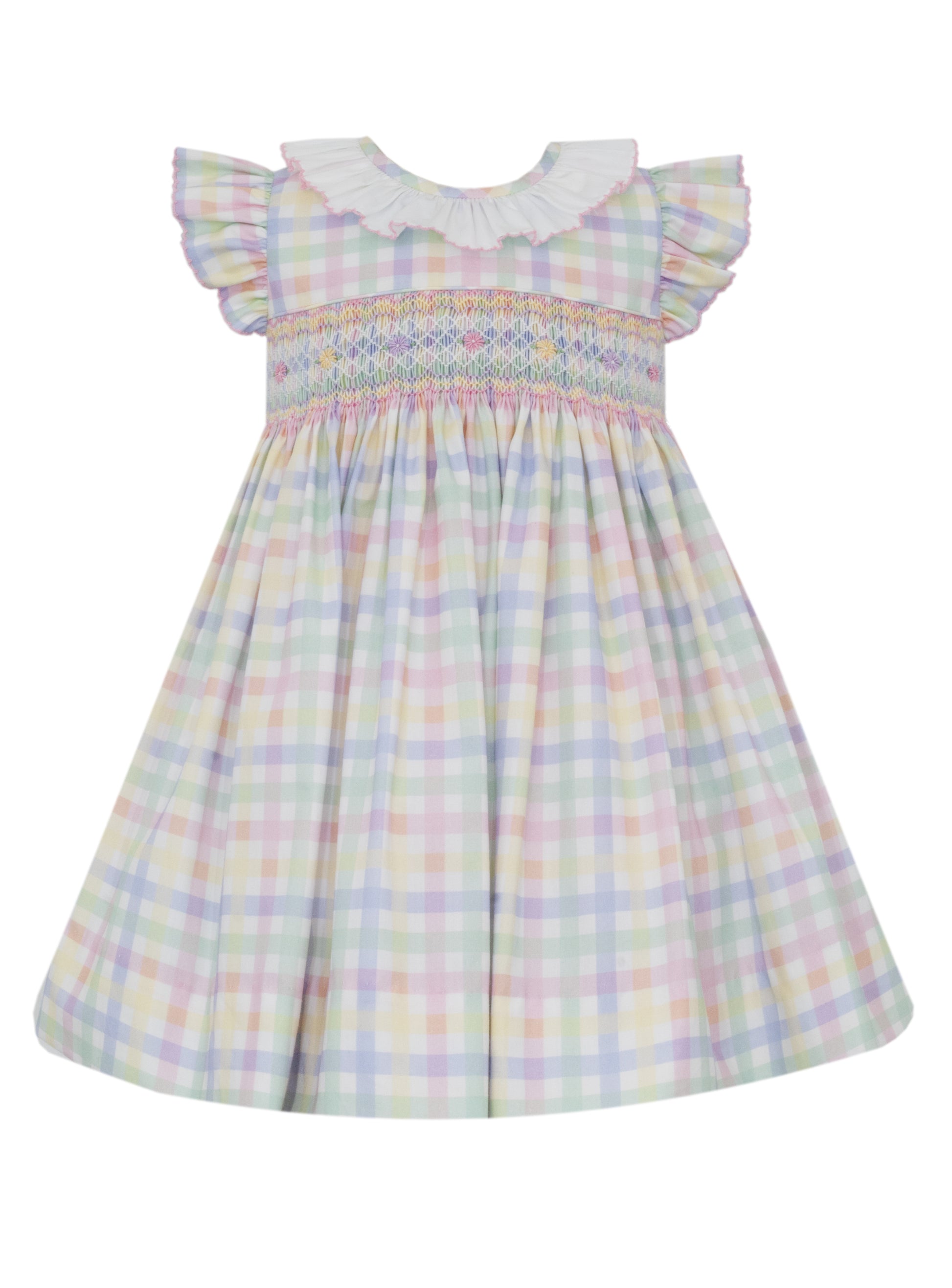 Anavini Couture Girls Pastel Plaid Smocked Float Dress - Ruffle Collar & Sleeves