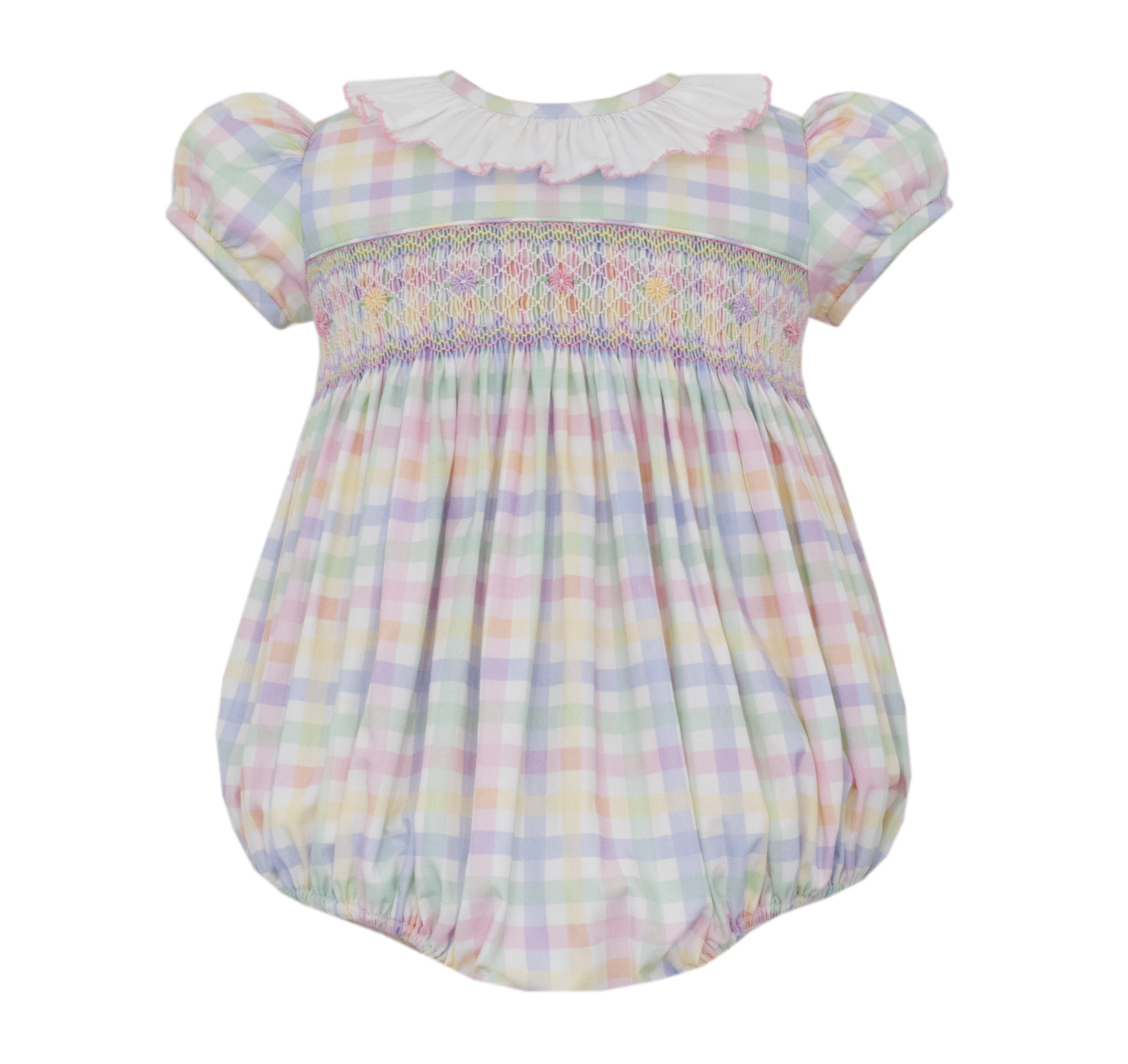 Anavini Couture Girls Pastel Plaid Smocked Bubble - White Ruffle Collar