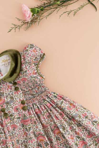 Kidiwi France Girls Pink & Green Floral Smocked Dress - Velvet Collar & Sash by Kidiwi