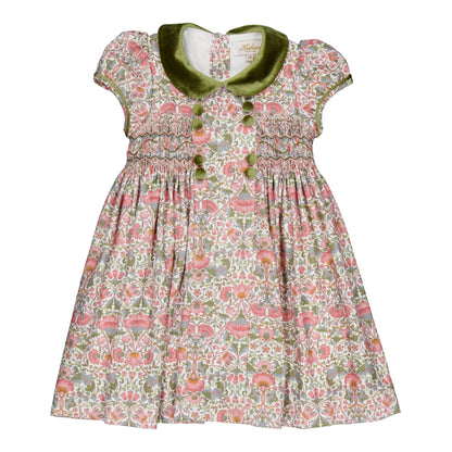 Kidiwi France Girls Pink & Green Floral Smocked Dress - Velvet Collar & Sash by Kidiwi