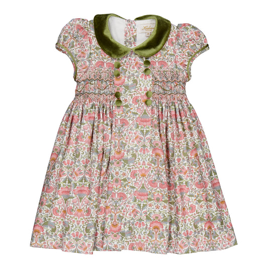 Kidiwi France Girls Pink & Green Floral Smocked Dress - Velvet Collar & Sash by Kidiwi