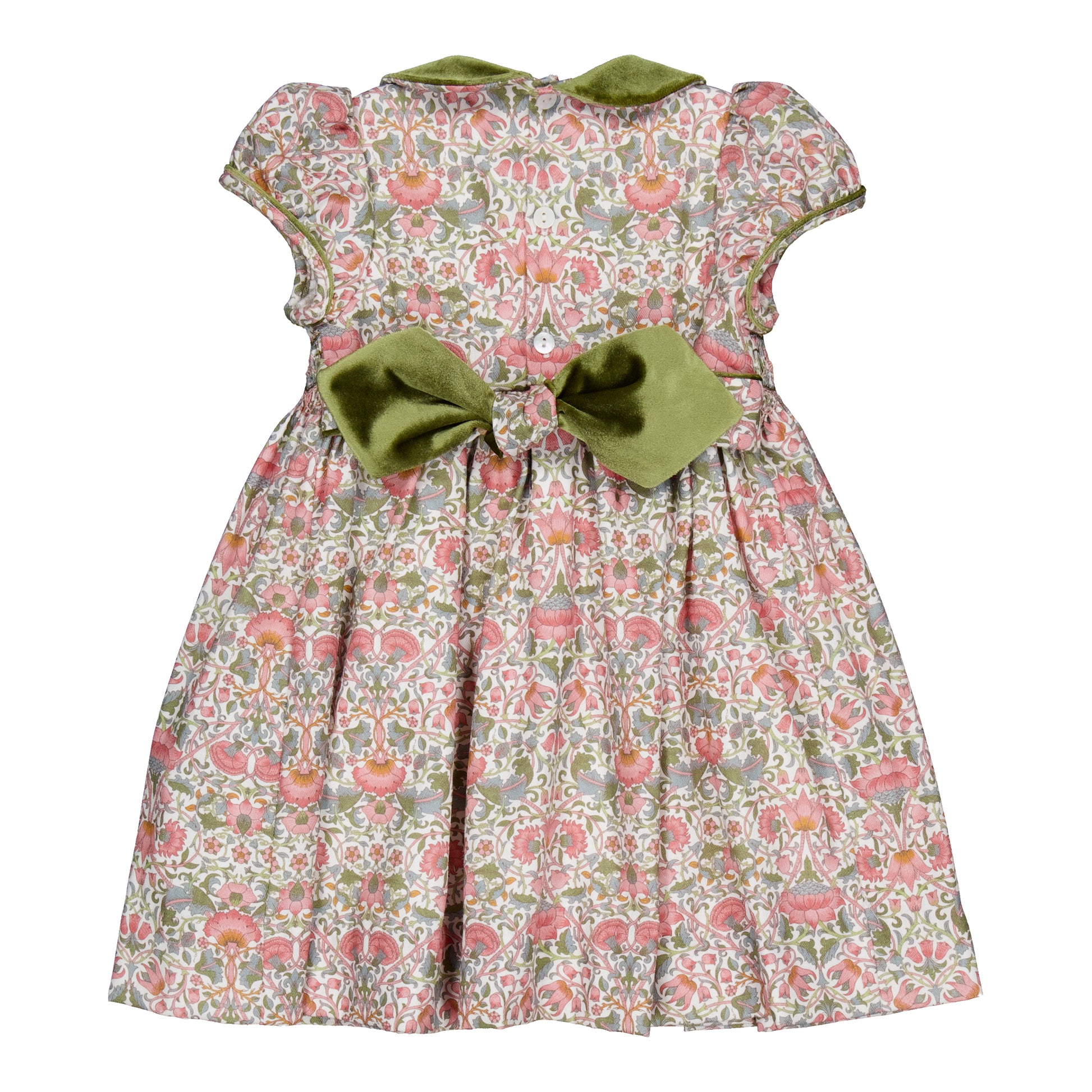 Kidiwi France Girls Pink & Green Floral Smocked Dress - Velvet Collar & Sash