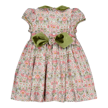 Kidiwi France Girls Pink & Green Floral Smocked Dress - Velvet Collar & Sash by Kidiwi