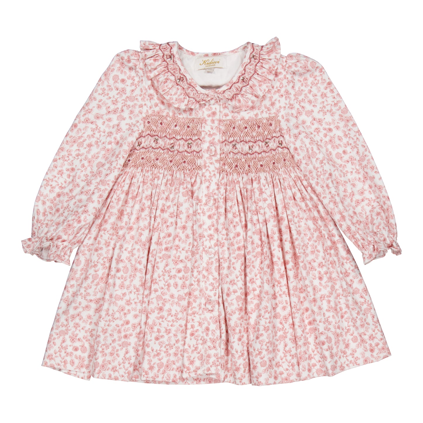 Kidiwi France Girls Adeline Smocked Dress - Ruffle Collar - Pink Old Rose Garden by Kidiwi