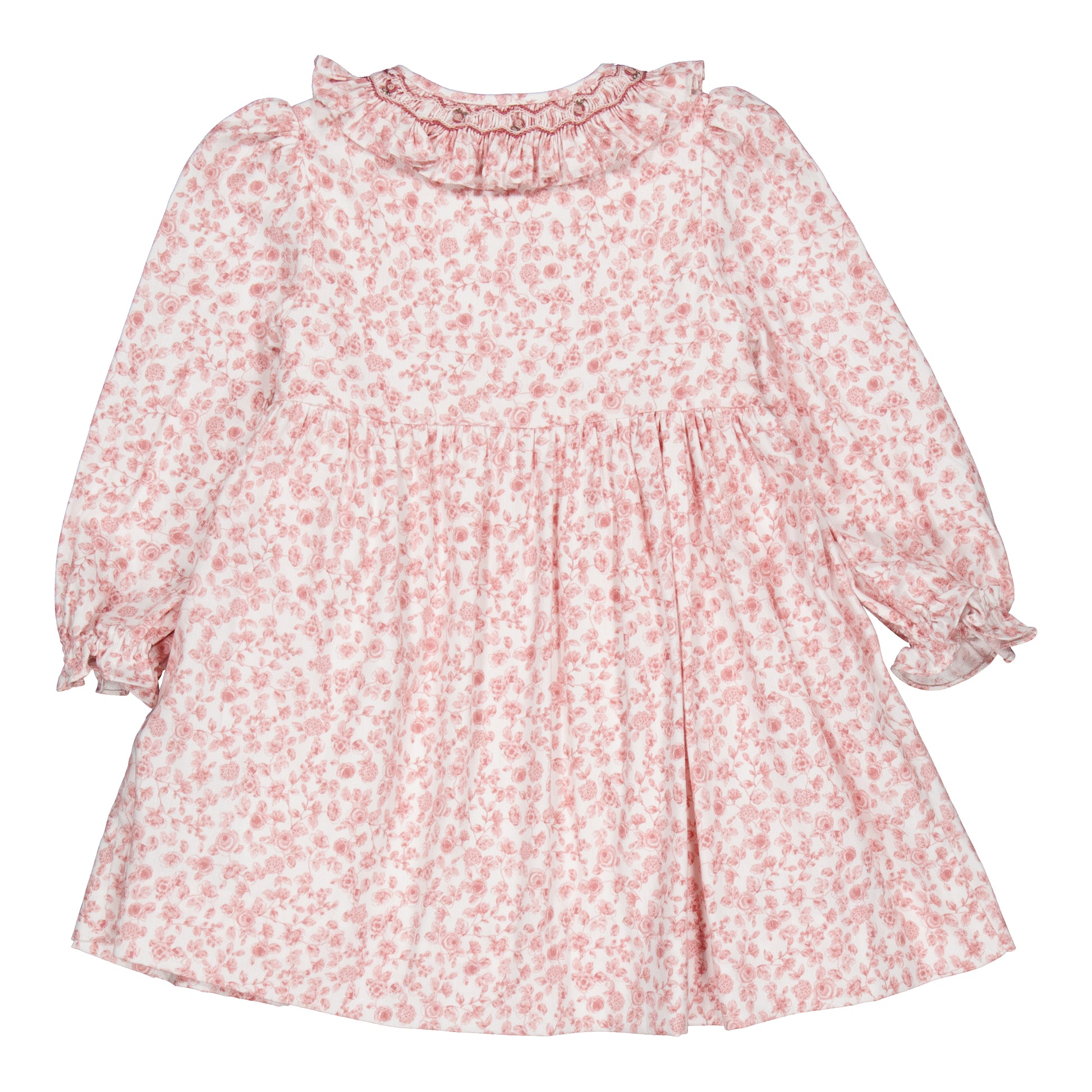 Kidiwi France Girls Adeline Smocked Dress - Ruffle Collar - Pink Old Rose Garden