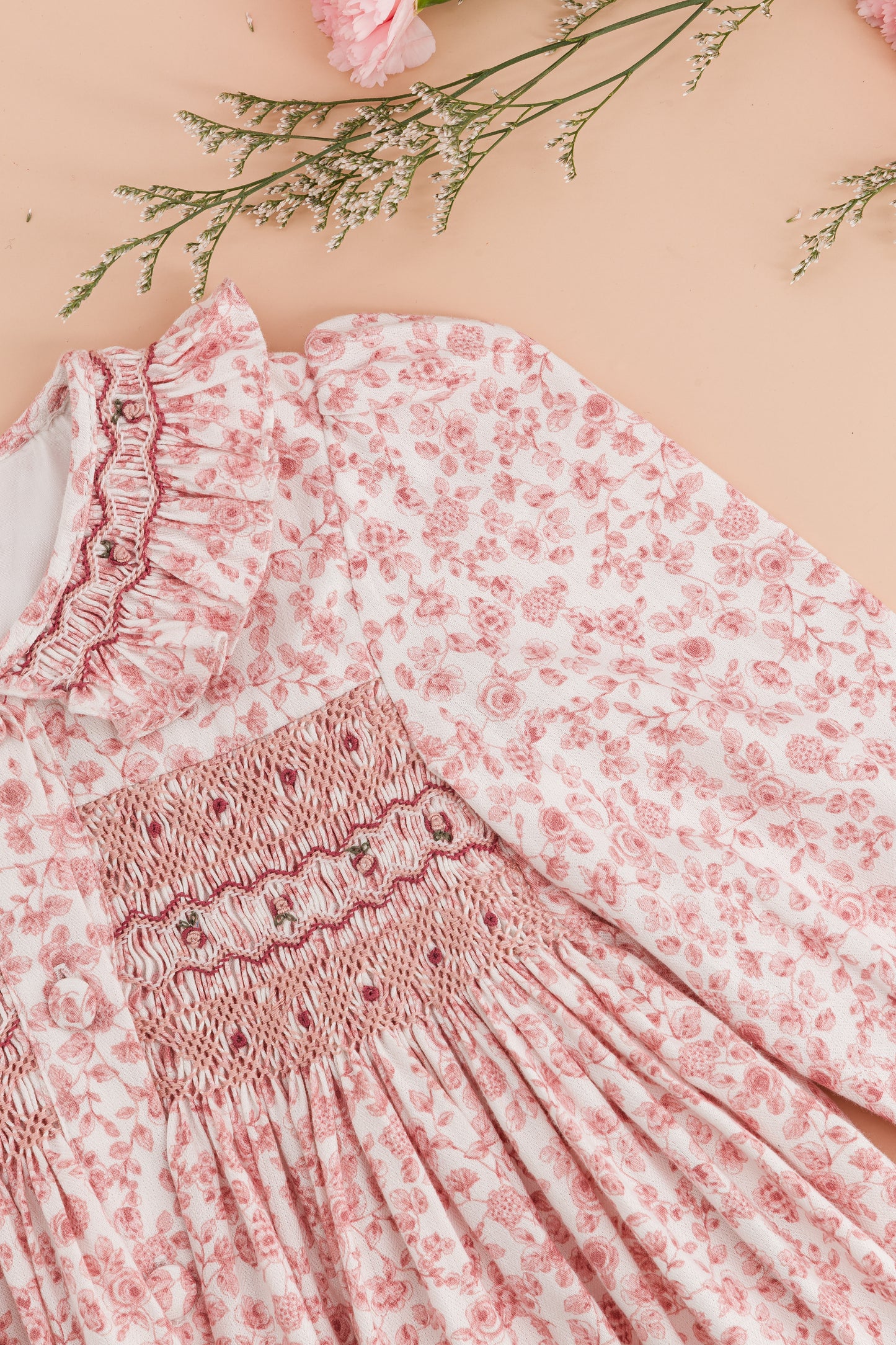 Kidiwi France Girls Adeline Smocked Dress - Ruffle Collar - Pink Old Rose Garden by Kidiwi