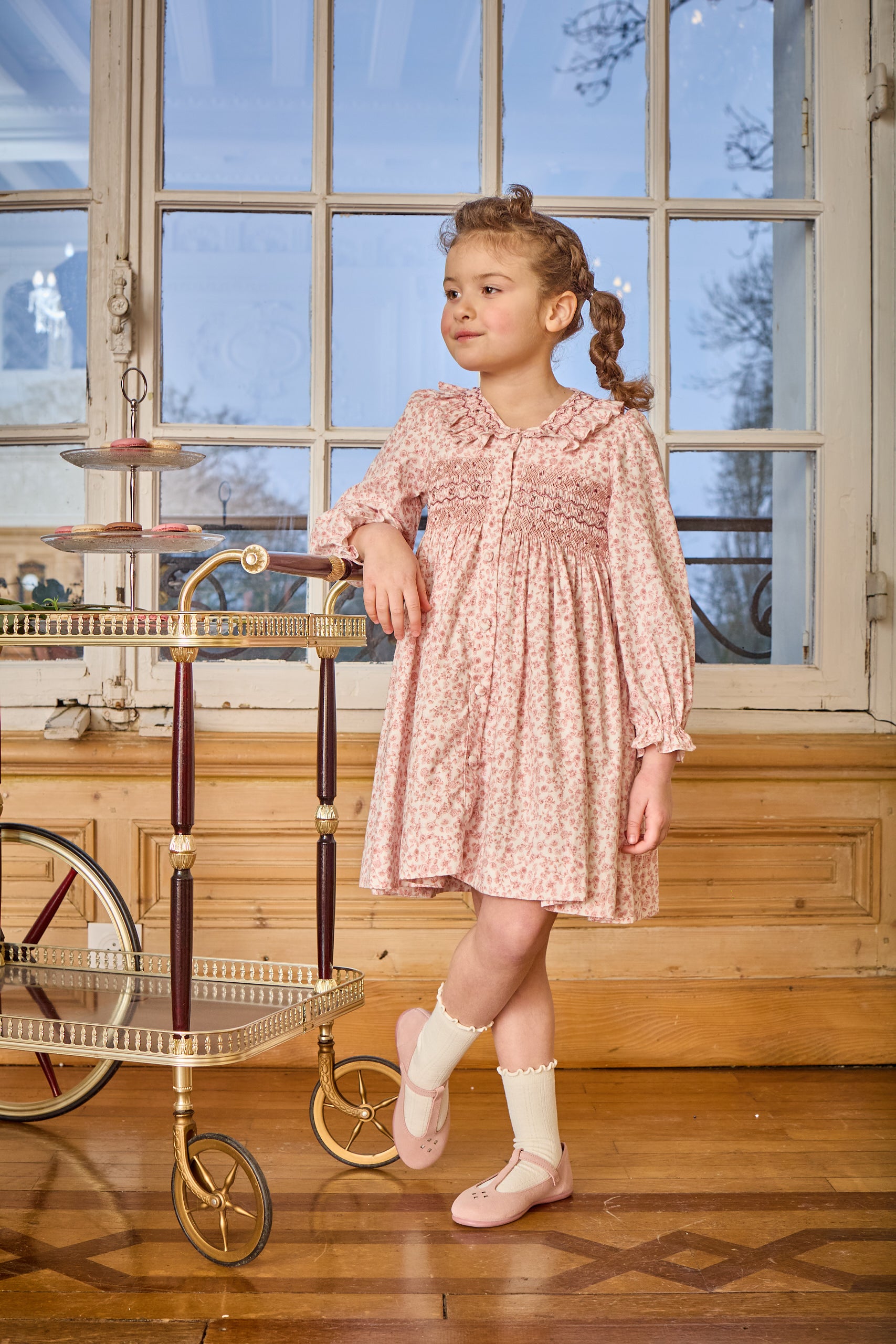 Kidiwi France Girls Adeline Smocked Dress - Ruffle Collar - Pink Old Rose Garden