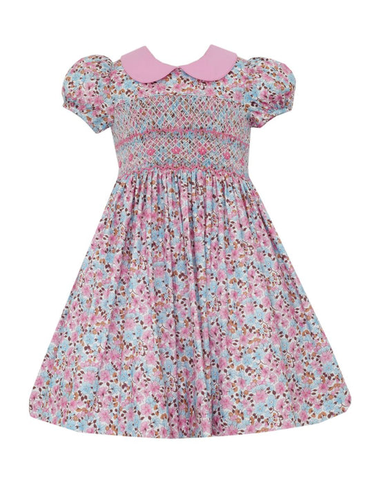 Anavini Couture Girls Pink and Blue Liberty Floral Smocked Dress with Pink Collar by Anavini