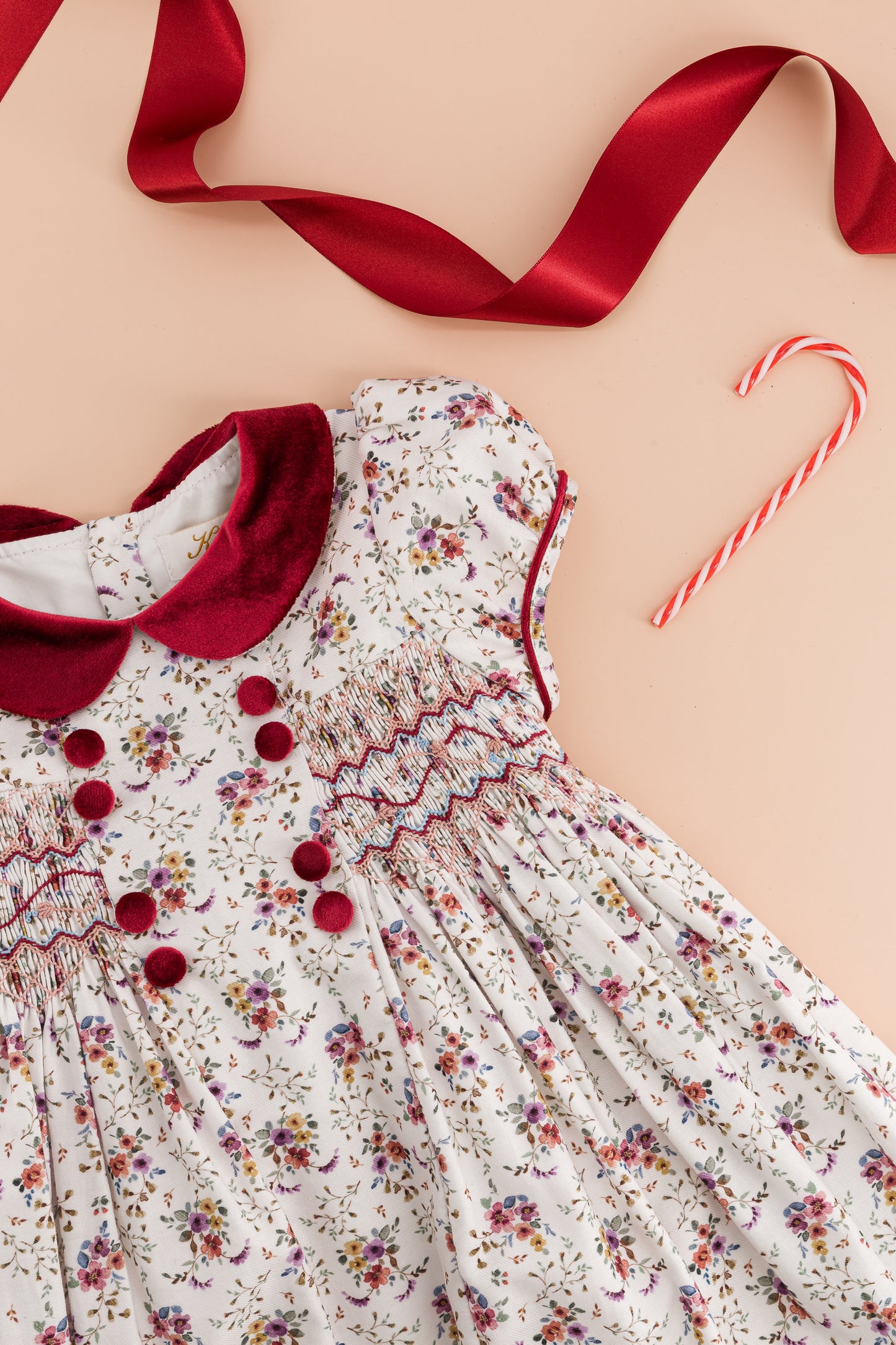 Kidiwi France Girls Rison Red Floral Winter Bouquet Floral Smocked Dress - Velvet Collar by Kidiwi