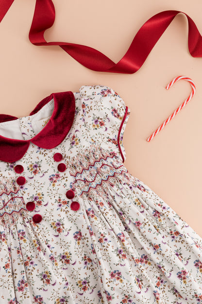 Kidiwi France Girls Rison Red Floral Winter Bouquet Floral Smocked Dress - Velvet Collar by Kidiwi
