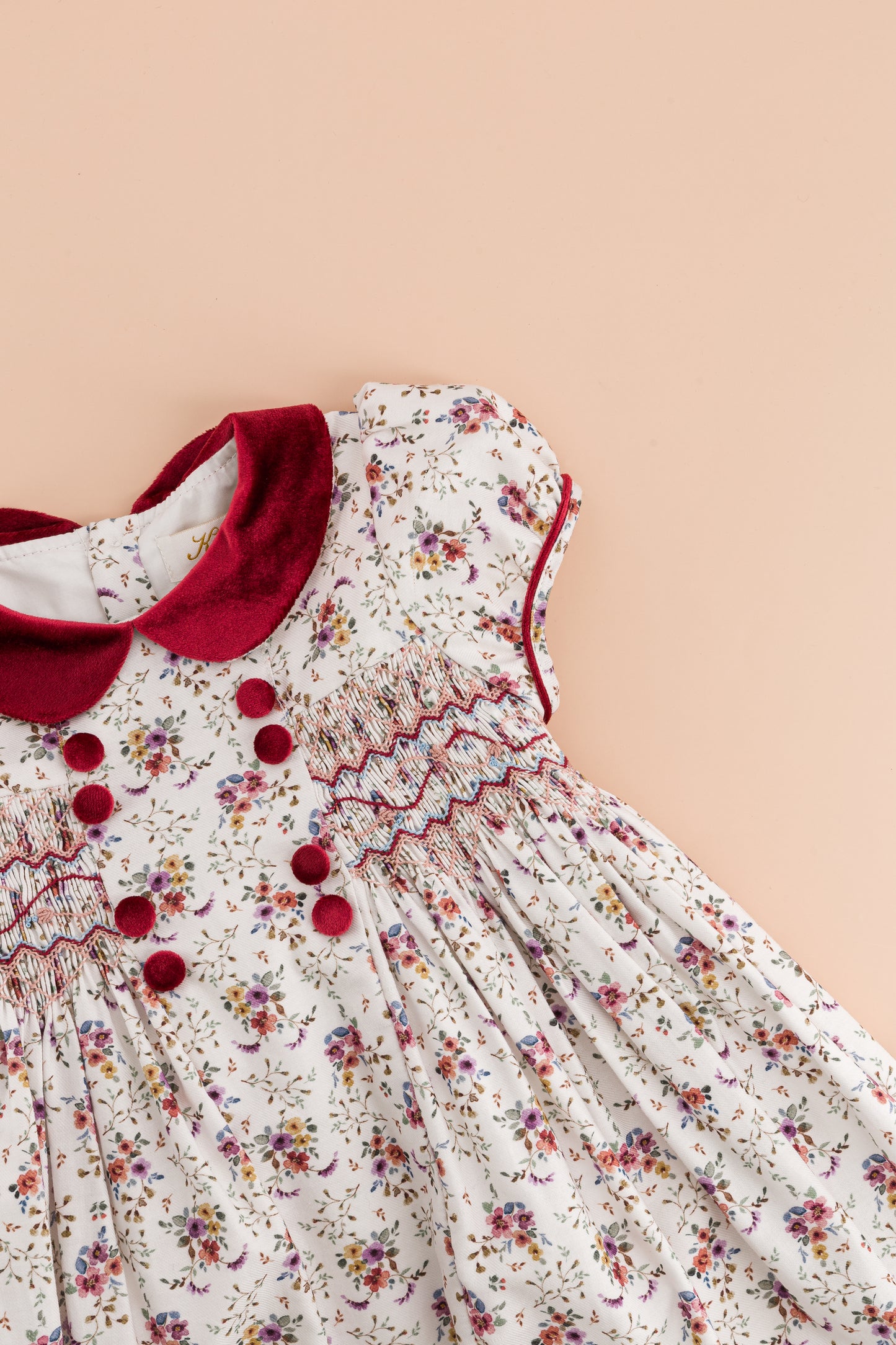 Kidiwi France Girls Rison Red Floral Winter Bouquet Floral Smocked Dress - Velvet Collar by Kidiwi
