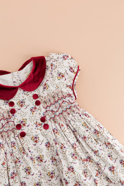 Kidiwi France Girls Rison Red Floral Winter Bouquet Floral Smocked Dress - Velvet Collar by Kidiwi