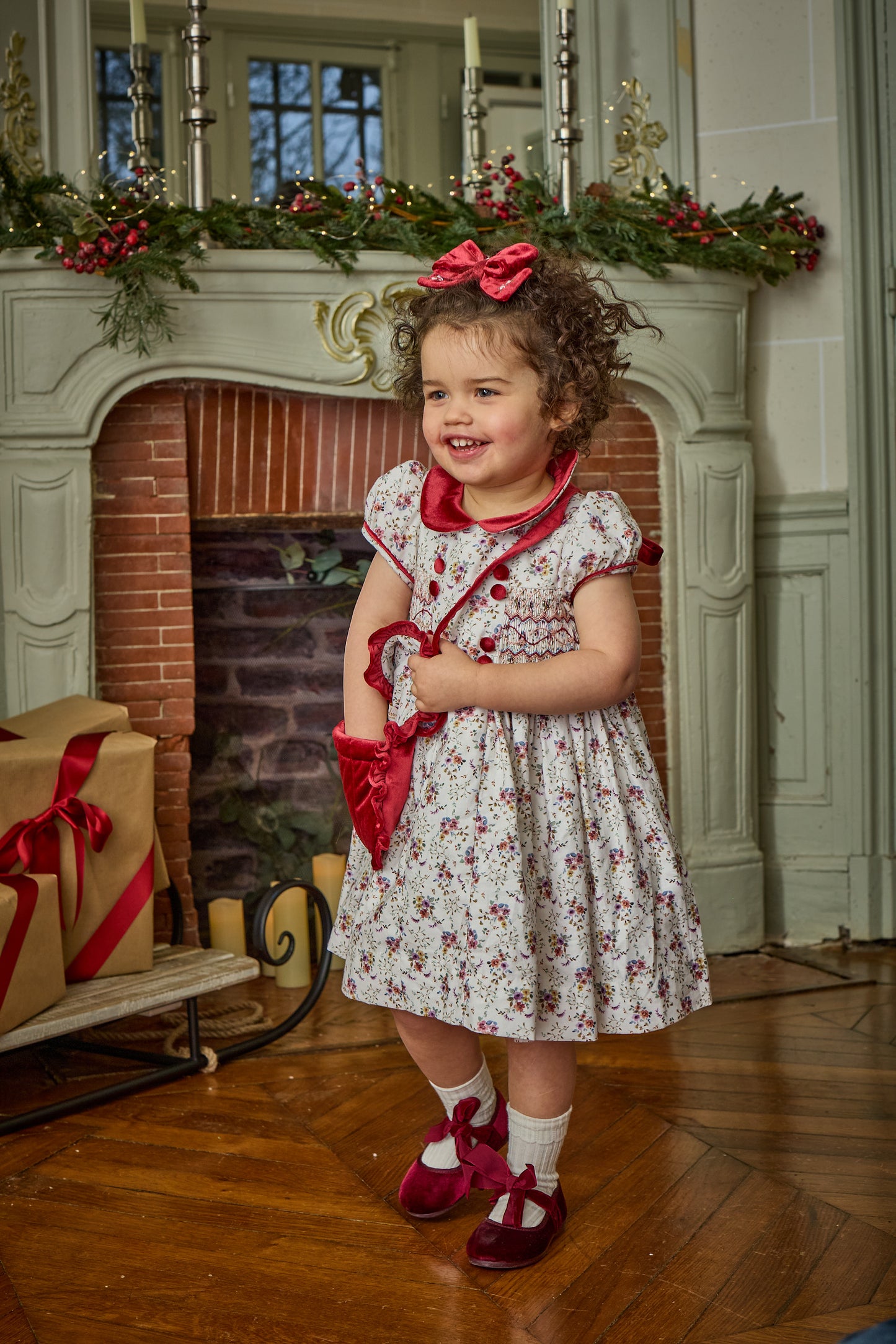 Kidiwi France Girls Rison Red Floral Winter Bouquet Floral Smocked Dress - Velvet Collar by Kidiwi