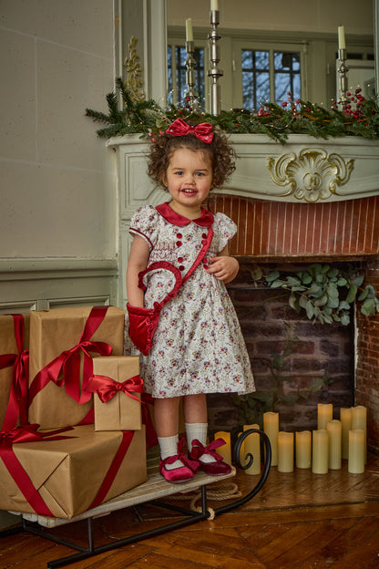 Kidiwi France Girls Rison Red Floral Winter Bouquet Floral Smocked Dress - Velvet Collar by Kidiwi