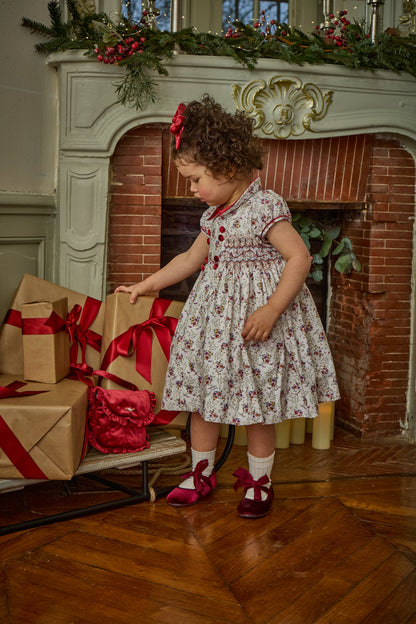 Kidiwi France Girls Rison Red Floral Winter Bouquet Floral Smocked Dress - Velvet Collar by Kidiwi