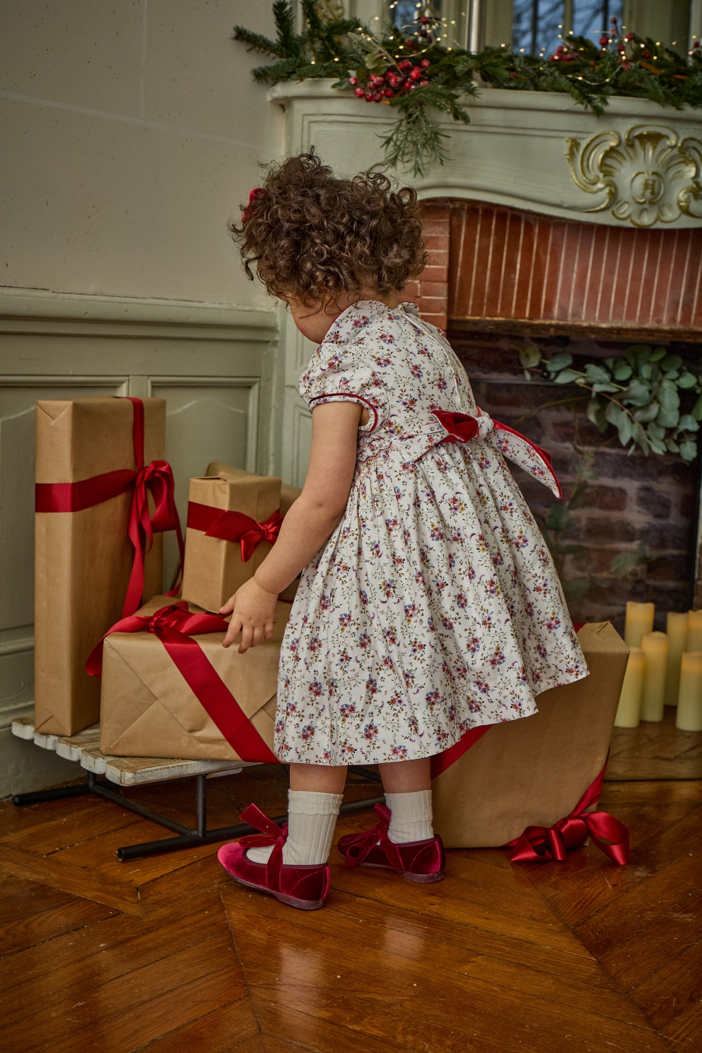 Kidiwi France Girls Rison Red Floral Winter Bouquet Floral Smocked Dress - Velvet Collar by Kidiwi