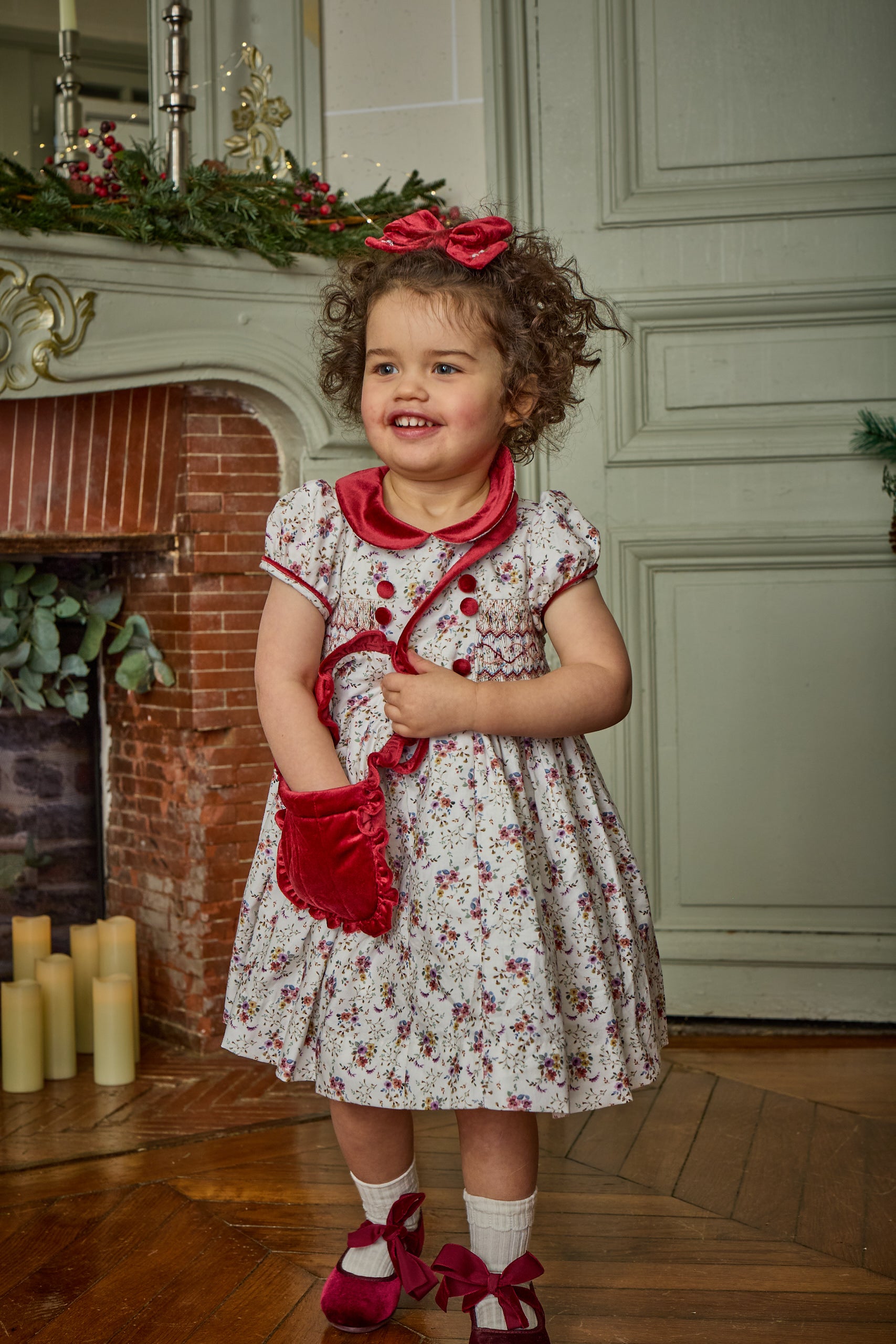 Kidiwi France Girls Rison Red Floral Winter Bouquet Floral Smocked Dress - Velvet Collar