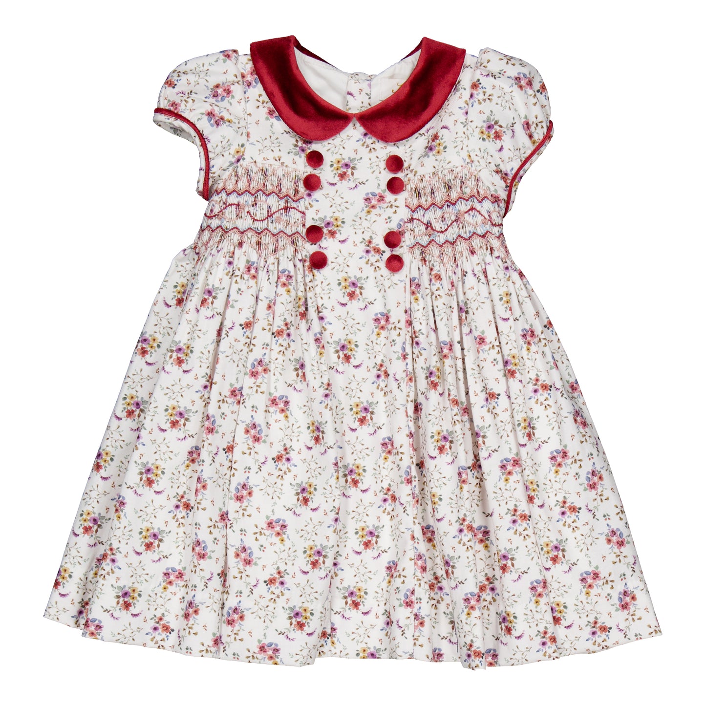 Kidiwi France Girls Rison Red Floral Winter Bouquet Floral Smocked Dress - Velvet Collar by Kidiwi