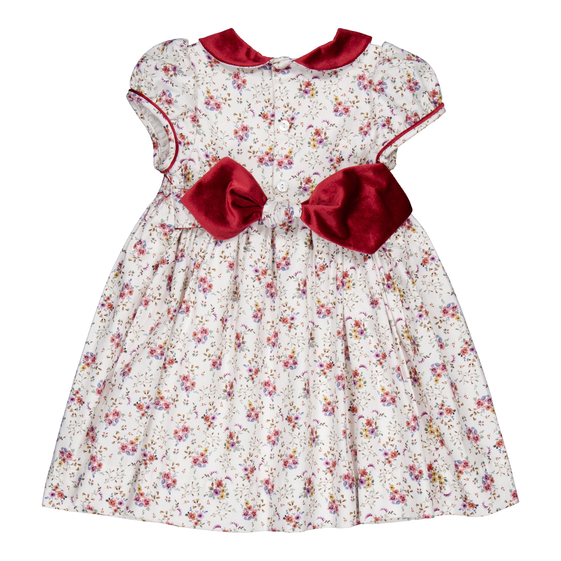 Kidiwi France Girls Rison Red Floral Winter Bouquet Floral Smocked Dress - Velvet Collar