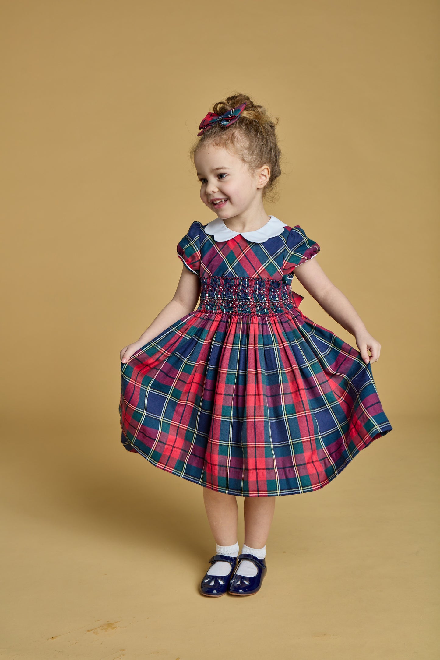 Kidiwi France Girls Ritha Smocked Dress - Scallop Collar - Red Holiday Tartan Plaid by Kidiwi