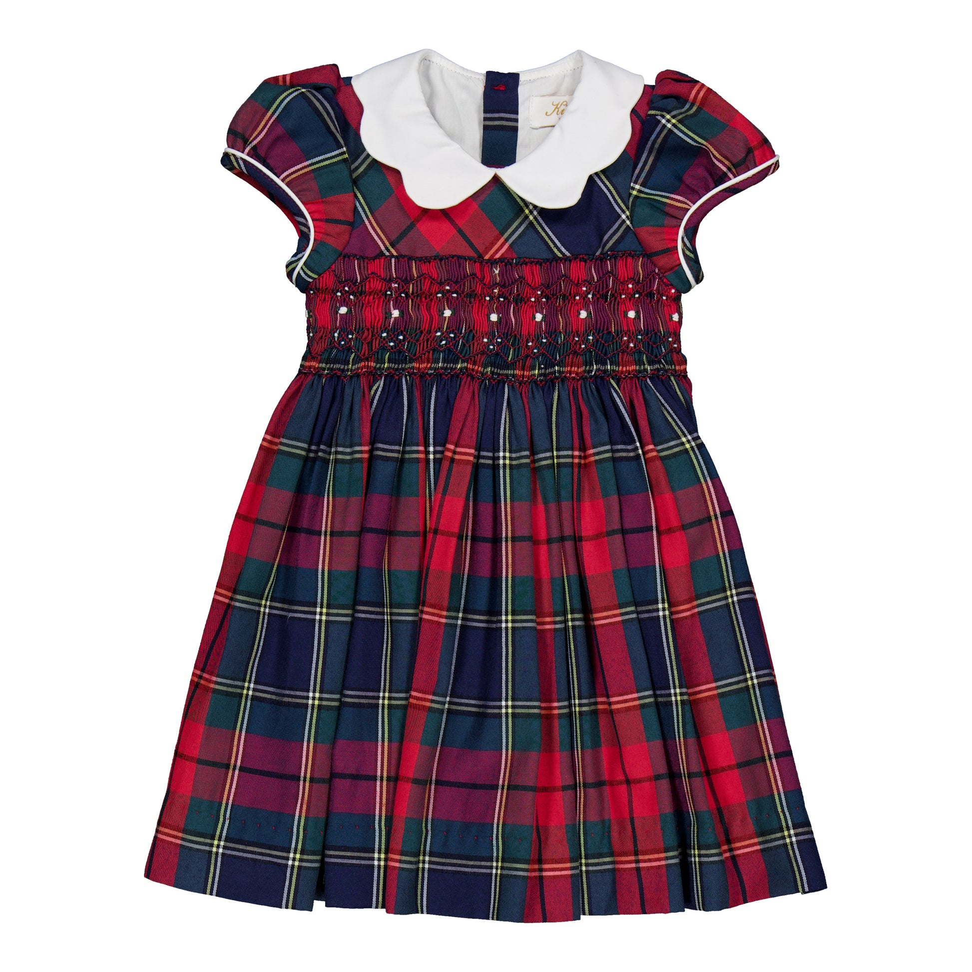 Kidiwi France Girls Ritha Smocked Dress - Scallop Collar - Red Holiday Tartan Plaid