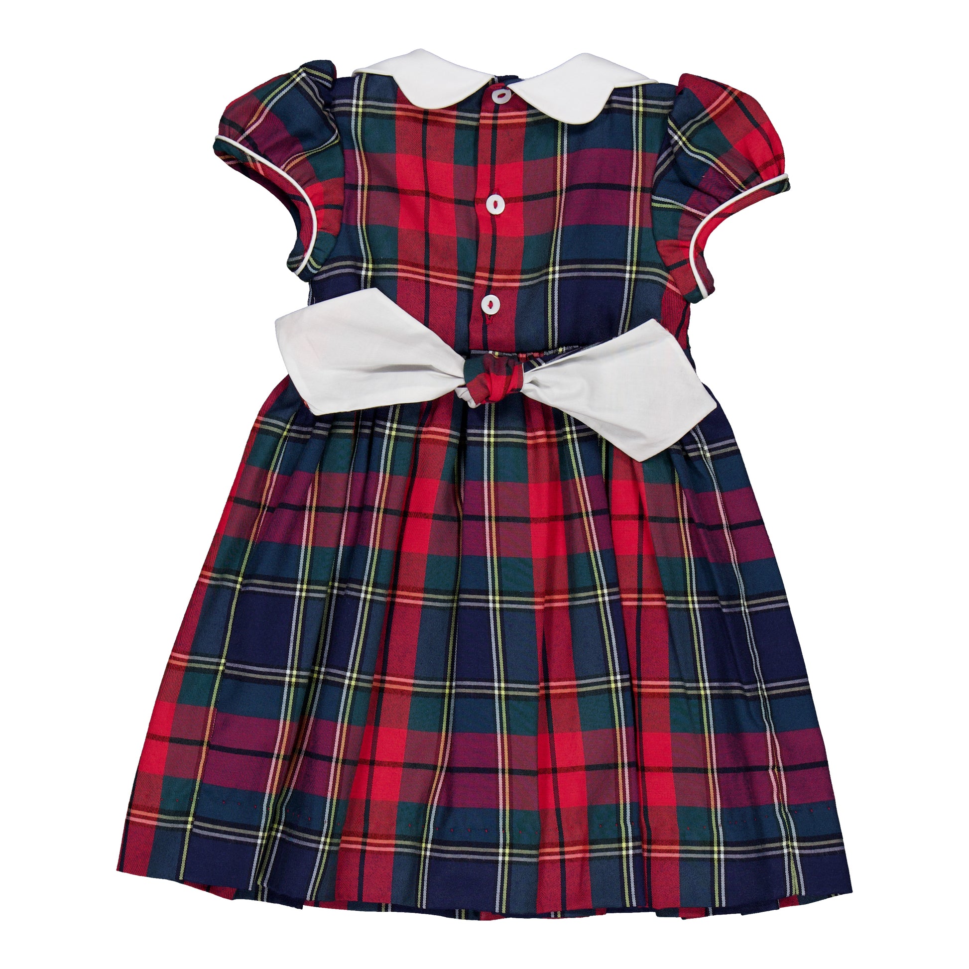 Kidiwi France Girls Ritha Smocked Dress - Scallop Collar - Red Holiday Tartan Plaid
