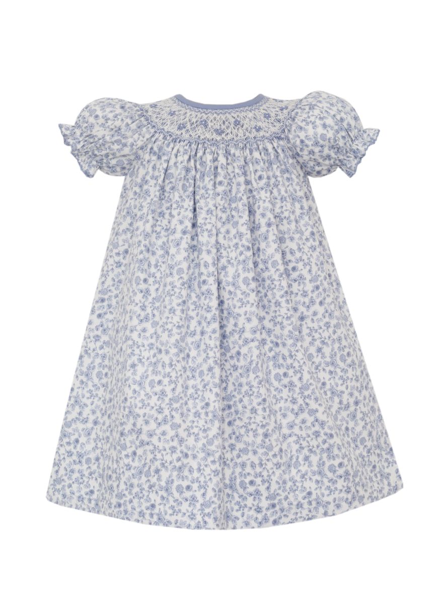 Anavini Couture Girls French Blue Floral Smocked Bishop Dress
