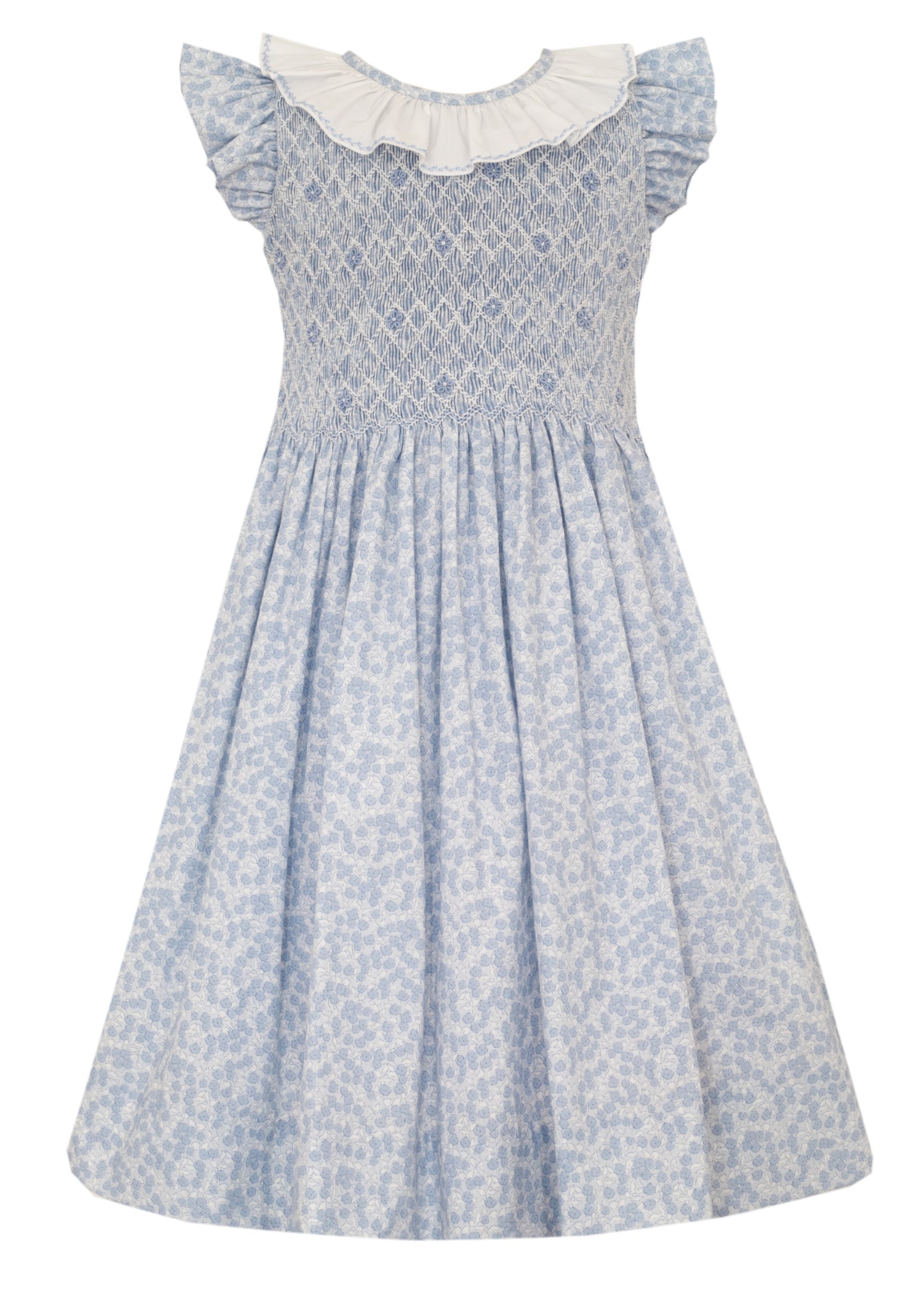 Anavini Girls Blue Floral Print Dress with Ruffle Sleeves by Anavini