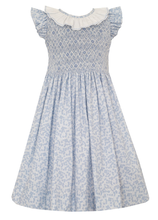 Anavini Girls Blue Floral Print Dress with Ruffle Sleeves by Anavini