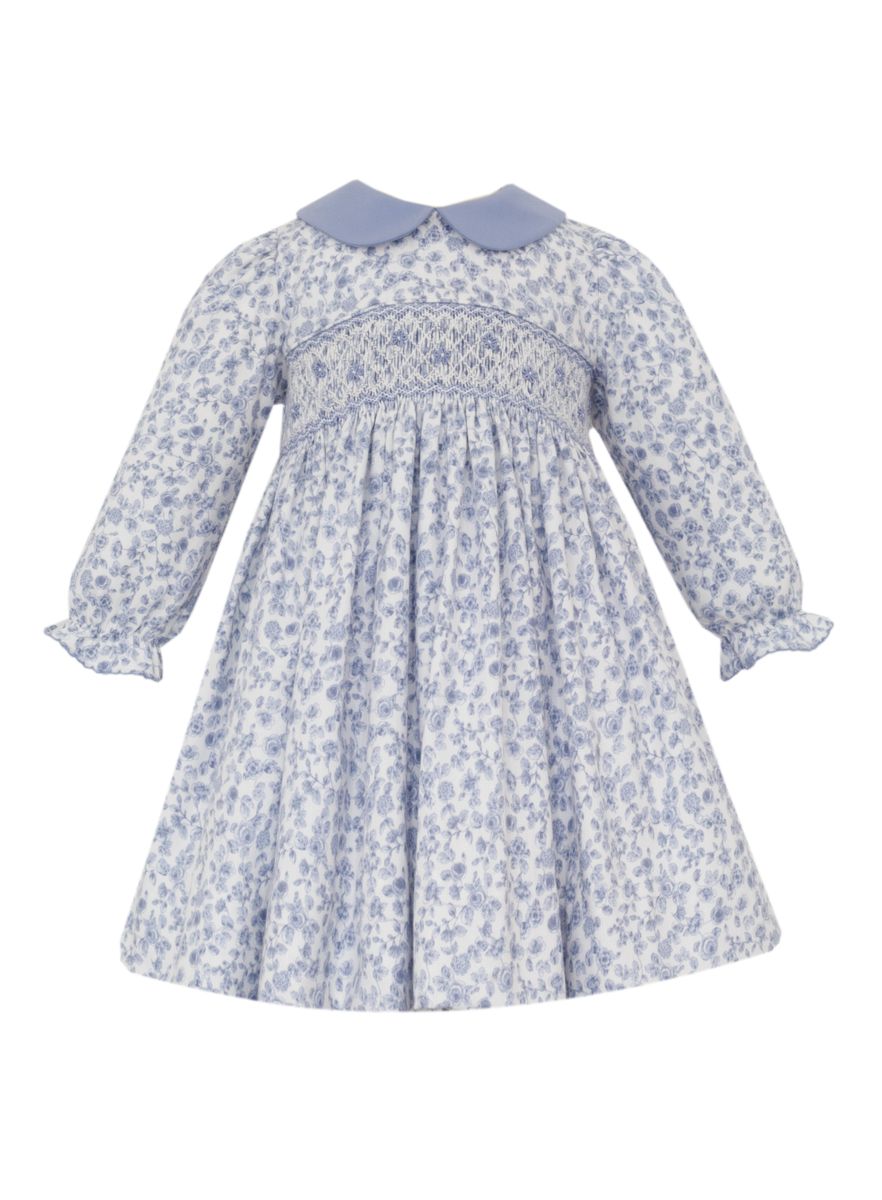 Anavini Couture Girls French Blue Floral Smocked Dress with Collar