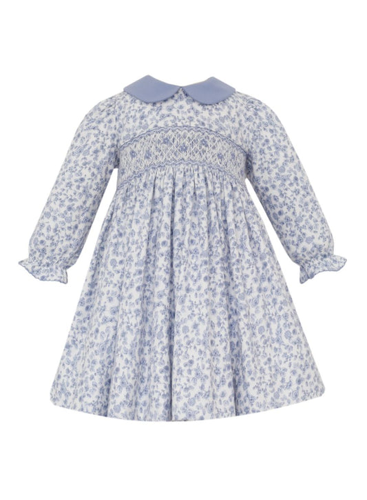 Anavini Couture Girls French Blue Floral Smocked Dress with Collar by Anavini