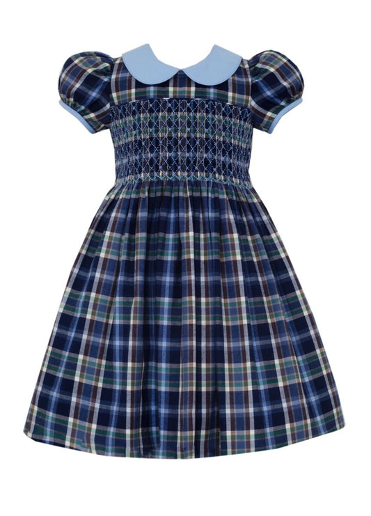 Anavini Couture Girls Blue & Brown Plaid Smocked Bodice Dress with Blue Collar by Anavini