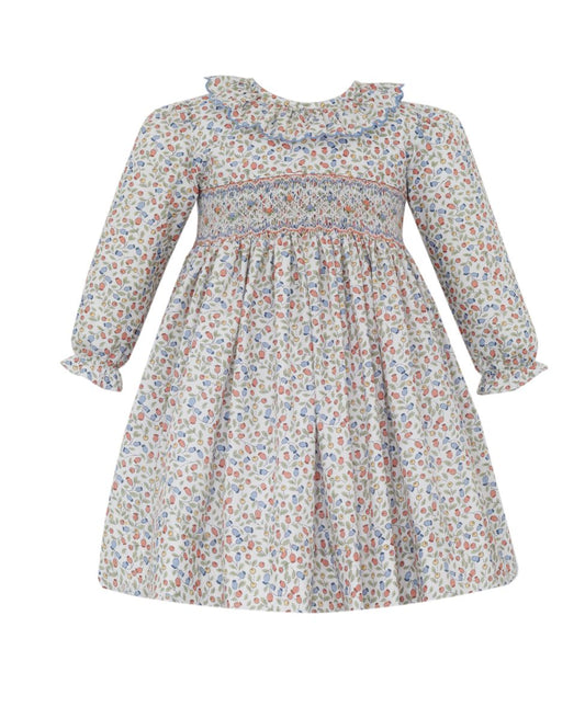 Anavini Couture Girls Blue and Orange Print Smocked Dress with Ruffe Collar by Anavini
