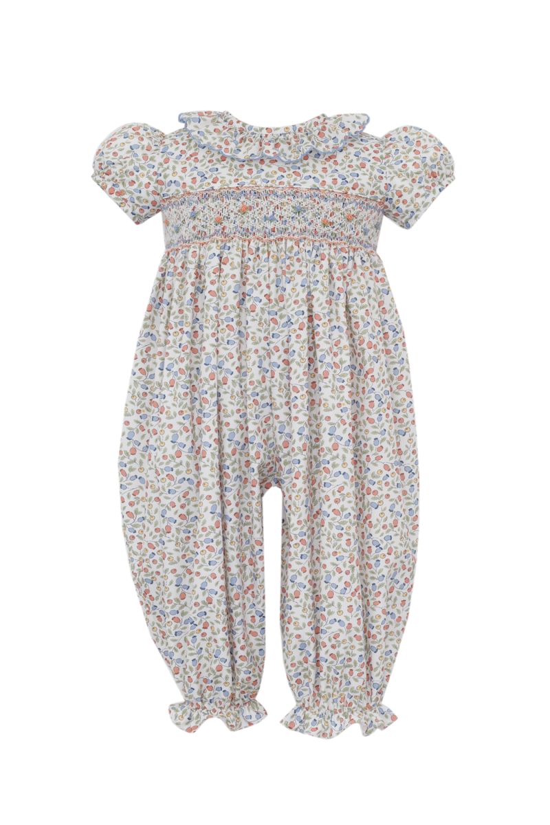 Anavini Couture Baby Girls Blue and Orange Print Smocked Romper with Ruffle Collar