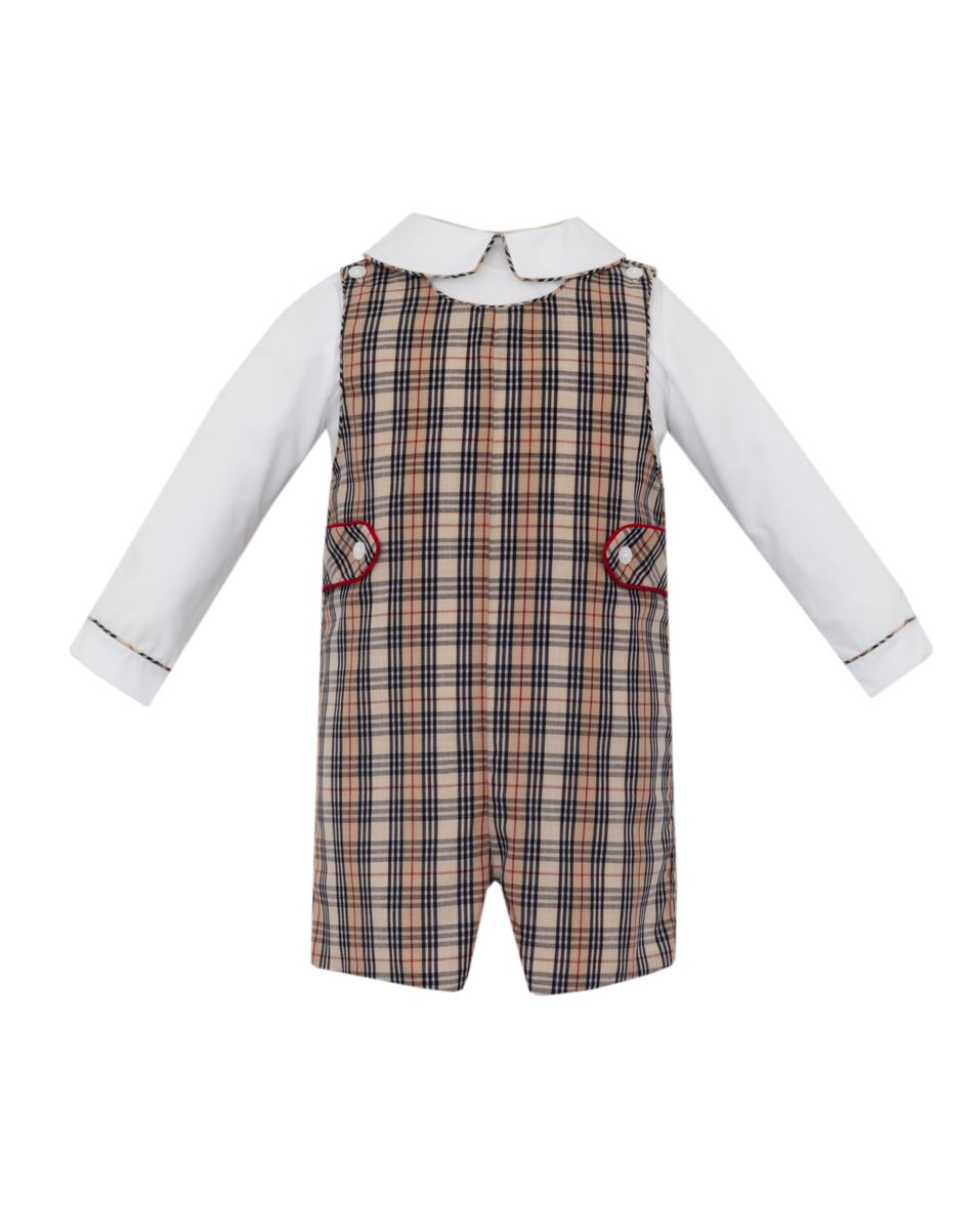 Anavini Couture Boys Khaki and Brown Plaid Jon Jon with White Shirt