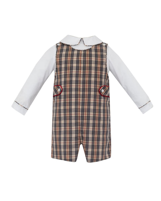 Anavini Couture Boys Khaki and Brown Plaid Jon Jon with White Shirt by Anavini